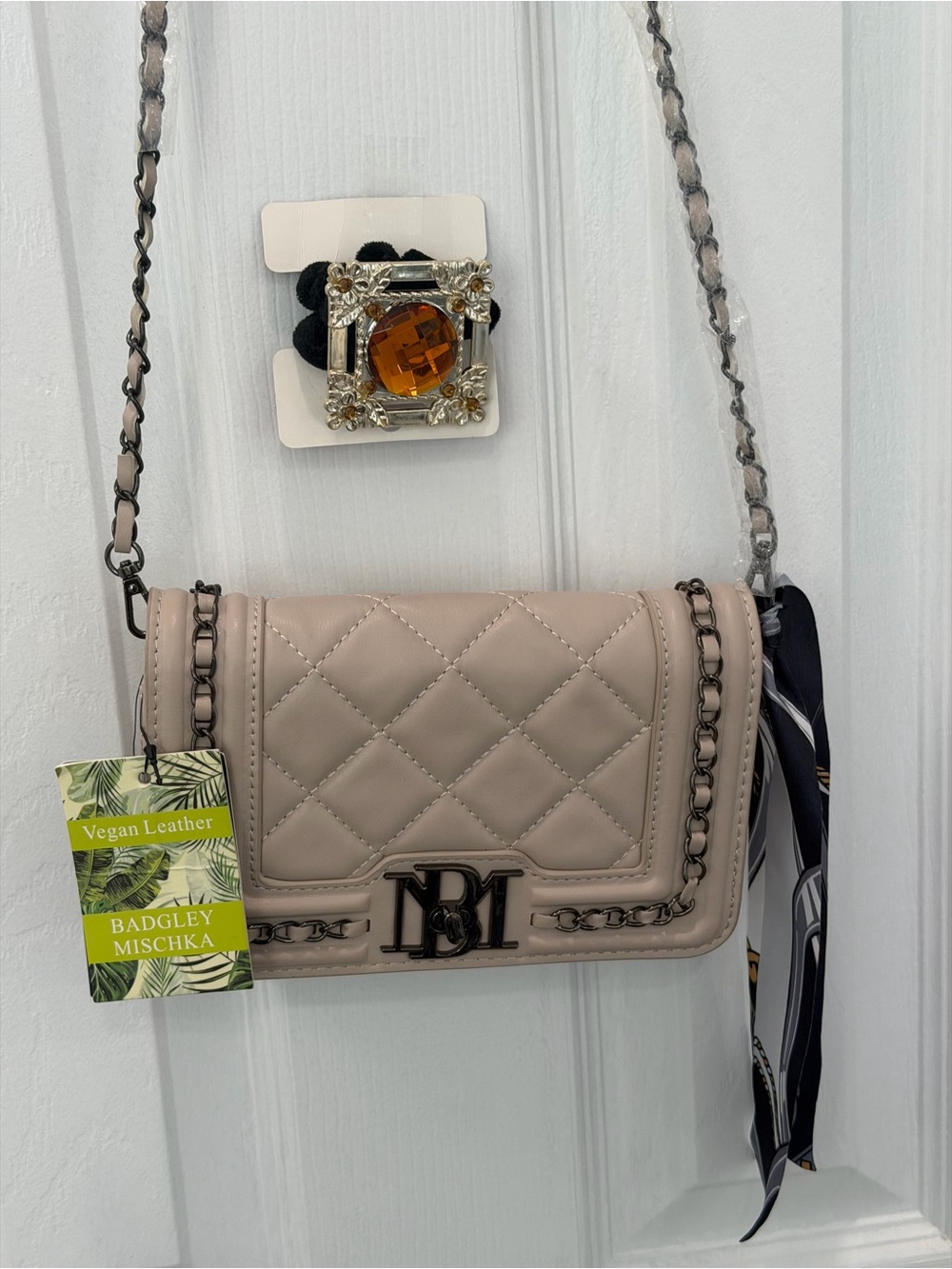 Badgley Mischka Quilted Vegan Leather Crossbody - Blush Taupe& hair scrunchie